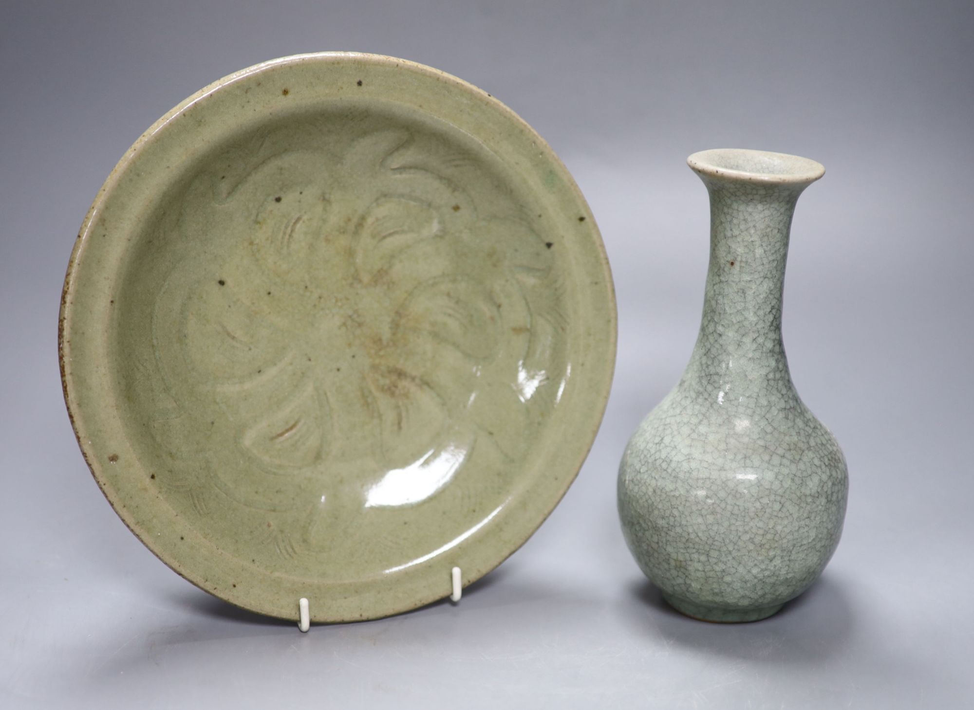 James Walford (1913-2003). A celadon glazed dish, diameter 24cm, and a crackle glazed vase, impressed marks